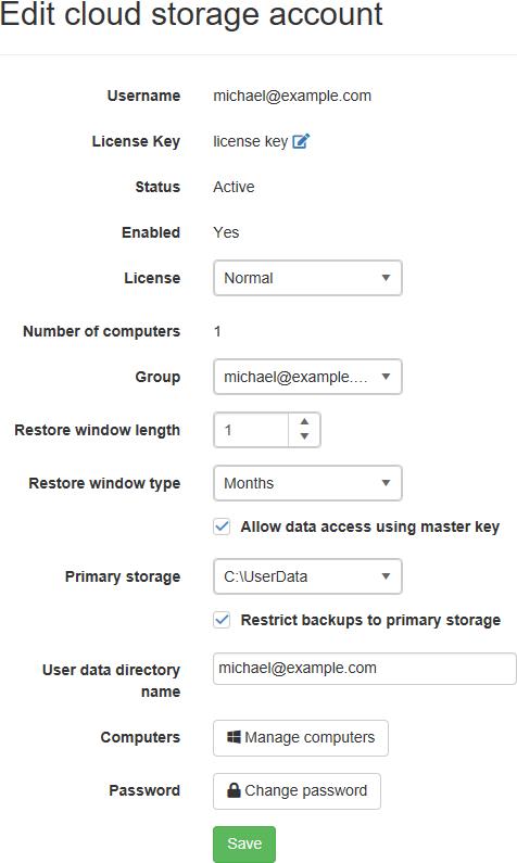 Edit Cloud Storage Account with a license key as Admin