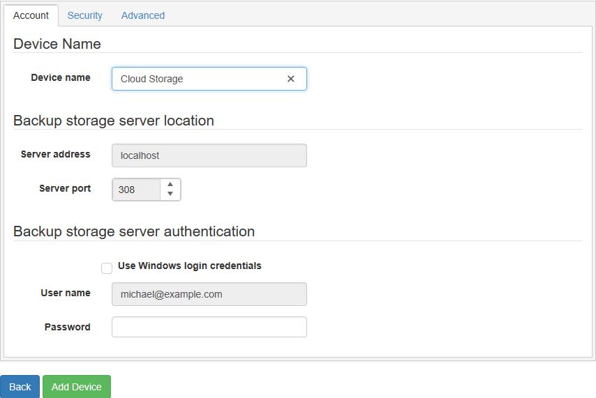 Create Agent Cloud Device From Existing Cloud Storage Account - Account Tab