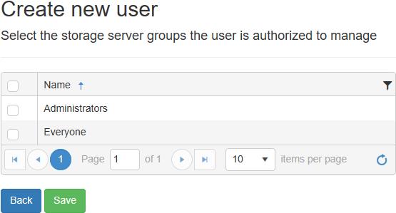 Create a user - select storage server groups