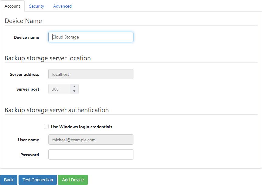 Create Agent Cloud Device From Existing Cloud Storage Account - Account Tab
