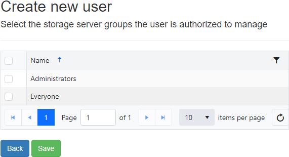 Create a user - select storage server groups