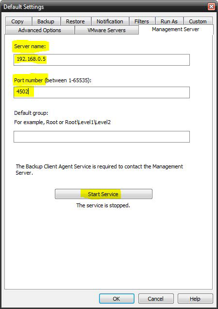 Default Settings Dialog Management Server Tab