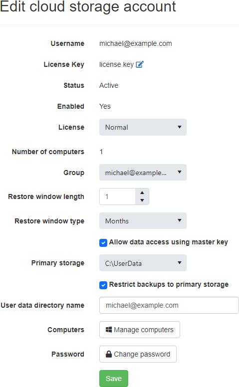 Edit Cloud Storage Account with a license key as Admin