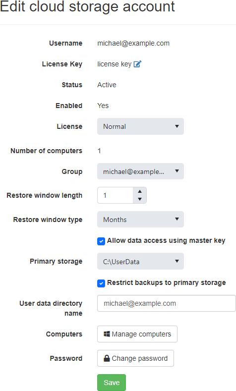 Edit Cloud Storage Account with a license key as Admin